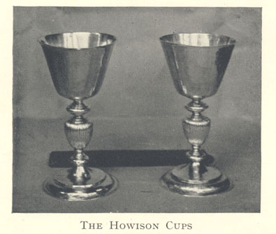 The Howison Cups inscribed, Cambuslang Kirk, made by Gilbert Kirkwoode, the assay-master was John Lindsay.
They bear the Edinburgh Hallmark 1618.